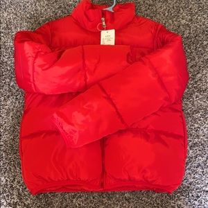 Red puffer jacket